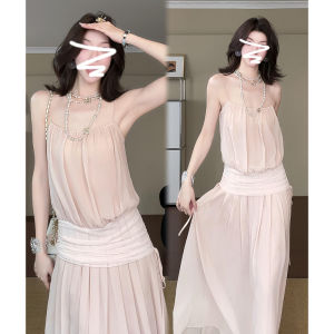 Karrar betsey | Đầm Chiffon Dài Quai Spaghetti Màu Hồng Nhạt Eo Nép Nếp Pleated Đẹp Mắt