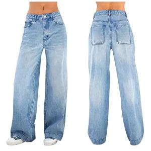 Quần Jeans Nữ Ống Rộng Chất Liệu Denim Màu Trắng Có Chi Tiết Nút Kiểu Dáng Thời Trang Dài Chất Liệu Polyester Co Giãn Cao