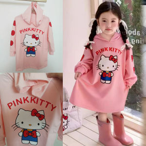 Girls Long Sleeve Midi Hoodie Dress Cat Cartoon Print Autumn Winter Fashionable Kids Clothing Cotton Polyester Blend Skirt