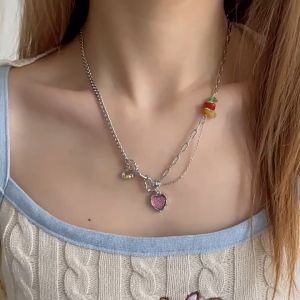 Nicedays🍒Colorful Heart Tulang Selangka Kalung Pria Wanita Ins Gaya Kalung Retro Temperamen Aksesori