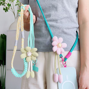 สายคล้องโทรศัพท์มือถือแบบถักด้วยมือ สายคล้องแบบยาว จี้ดอกทานตะวันทันสมัย สายคล้องแบบหนา