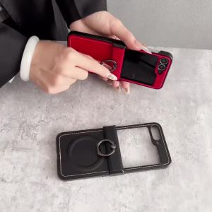 Retro Lychee Leather Texture Ring Holder Magnetic Hinge Phone Case For Samsung Galaxy Z Flip 8 7 FE 6 5 4 Shockproof Hard Cover