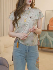 New Chinese Style Short Sleeve T-Shirt Womens Summer National Trend Embroidery Stand Collar Button Design Anti-Aging Unique Top