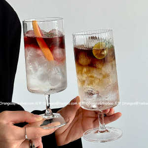 Retro Nordic Style Coffee Cup Long Stem Glass for Cocktail Juice Bubble Water Vertical Stripe Design Americano Latte Cup