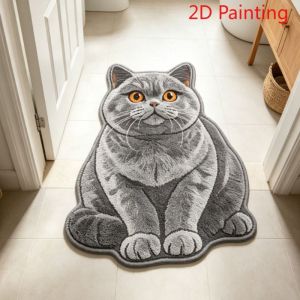 VIKAMA 2D Painting Gray British Cat Shaped Mat Soft Absorbent Non Slip Rug Bathroom Entrance Bedroom Decor Pad