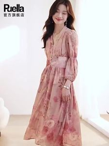 Puella | Elegant Womens Style Tea Break Dress Slimming Waist Gathered Sleeves Floral Print Dress