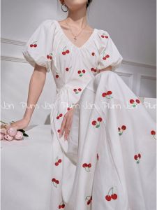 PlumJan | French Cherry Embroidery V-neck Puff Sleeve A-line Dress