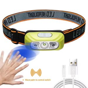 ESMARTER | Mini Rechargeable Sensor Headlamp with Powerful COB LED USB Head Flashlight for Fishing Camping - Front Lantern Torch Headlights