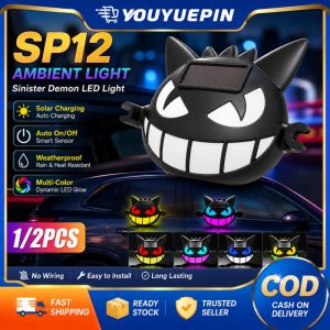 YOUYUEPIN 2pcs Solar Type-C Devil Ambient Light Suction Cup Car Window Lamp Multi-Color LED Neon Demon Face Light Auto On Off Halloween Decor