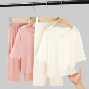 Sonkpuel | Girls Sets Summer Thin Children Short Sleeve Set Ice Silk 2pcs Homewear Clothes 2-10 Years Girl Pure Color Kids Pajamas