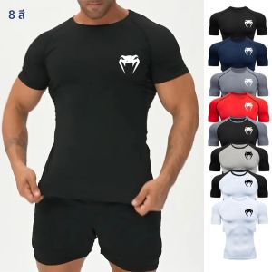 ผู้ชายเสื้อรัดกล้ามเนื้อฟิตเนสงูพิมพ์เสื้อด่วนแห้ง Rashguard แขนสั้นกีฬา Jogging Tops Tees ฤดูร้อน