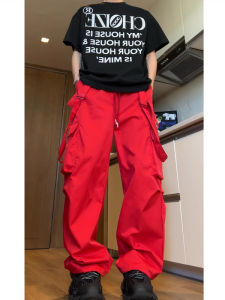 American Style Red Workwear Pants for Men Straight Leg Wide Leg Trousers Detachable Straps Back to School Early Autumn Outfit