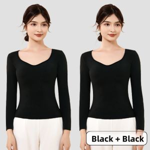 miiow | Warmth Innerwear Womens Integrated Thickened Base Shirt Autumn Clothes Seamless Underwear Autumn Winter Top V-neck Solid Color