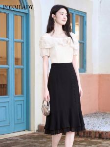 POEMLADY | French Collar Illusion Two-piece Design Short Sleeve Mid-length Dress