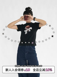 Innomoood Sweet Cool Style Digital Print Lace Butterfly Knot Stand Collar Short Sleeve Cotton Elastic Womens T-shirt