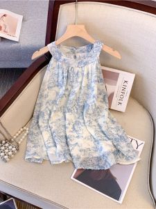 เสื้อกั๊กผ้าชีฟองหลวมๆ สีน้ำเงิน แขนกุด คอวี ปักลายดอกไม้ ทรงหลวม ปกโปโล สำหรับผู้หญิง ฤดูร้อน 2025 เสื้อคลุมท้อง