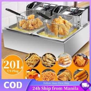 Electric Fryer Double Stainless Steel 20L Commercial Double-cylinder Stall Double Basket Large-capacity Fried Machine Fast-Heating French Fries Chicken Wings Fried Chicken Electric Fryer Double Fryer
