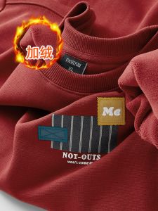 Ankela Mens Thickened Fleece Hoodie Embroidered Winter Thermal Top Cotton Polyester Blend Long Sleeve round Neck Sweatshirt