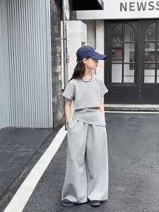 Korean Terno For Kid Girl 7-15yrs Casual Stars Crop Top+ Loose Pants 2pcs Trendy Summer Outfit For Kids Girls OOTD For Kids Girl