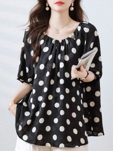 September Momo Elegant Polka Dot Chiffon Shirt Womens Summer New Arrival European Station Plus Size Womens Clothing Black Short Sleeve Tops