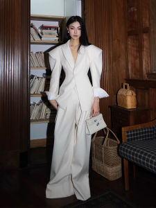 French Style Simple Shoulder-Padded Slim Waist Coat And Loose Casual Trousers