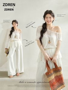 ZHANGDAREN | Bộ Quần Áo Dáng Rộng cho Phụ Nữ Plus Size Áo Trắng Kiểu Dễ Thương Vai Trống