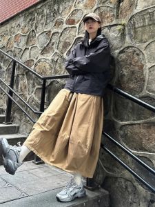 2024 New Arrival Straight Skirt Autumn Japanese Loose Patchwork Skirt Womens Casual Retro Khaki Belt Lantern Skirt