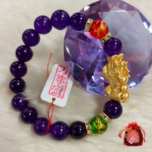 Pure Amethys FengShui w/Gold PiYao Dragon Lucky Charm Bracelet