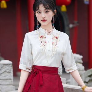 New Chinese Style Embroidered Shirt with Horse-Face Skirt Shirt Summer National Style Womens Clothing Half-Sleeved Stand-up Collar Placket White Tops