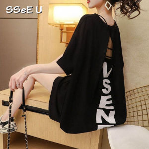 SSeE U Long T-shirt Plus Size Summer Student Korean Style Loose Fit oversize Backless Knee Length Short Sleeve Womens Garment