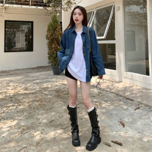 Retro Contrast Color Denim Shirt Jacket Female 2023 Spring & Fall New Arrival Plus Size Stylish Loose Slim Looking Top Shirt