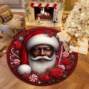 VIKAMA Giáng Sinh Thảm Tròn Mềm Mại Thấm Hút Màu Đỏ Đen Santa Mặt Hoa Hồng Kẹo Mía In Hình Cho Phòng Khách Phòng Ngủ Trang Trí Phòng Ăn