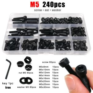 150/240/360pcs M4 M5 M6 Hex Hexagon Socket Allen Cap Head Screw Bolt Nut Washer Assortment Kit Set DIN912 Black Grade 12.9 Steel