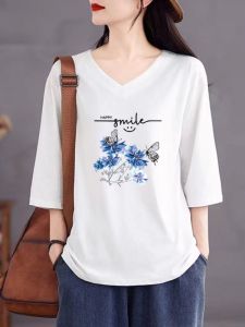 Export Brand French Tail Womens Clothing Pure Cotton Chicken Collar Tops Loose Casual Large Size Three Quarter Sleeve Print T-Shirt
