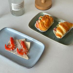 French Style Red Clay Pearl Edge Ceramic Plate Rectangular Dessert Appetizer Course Dish Adult Use Wave Pattern 9.7 Inch Size