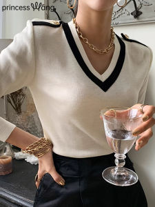WANGGONGZHU | Princess Style V-Neck Splice Color Knitted Slim Fit Womens Base Shirt Korean Fashion Shoulder Length Long Sleeve Sweater