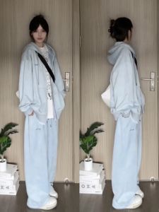 Fall 2024 Korean Style Casual Sports Suit Womens Loose Slim Looking Hooded Cardigan Sweater Pants plus Size Two-Piece Suit