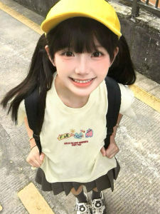 Cotton Short Sleeve T-Shirt Women Summer Cute Cat Loose Top Female College Style Sweet Print round Neck Regular Length Shirt