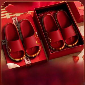 Red Thick Bottom Couple Slippers Wedding Gift Morning Robe Summer New Wedding Celebration Home Comfortable Breathable Slip-On
