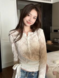 Loowmane | Lace-Up Lace Long Sleeve Shirt Womens Blouse
