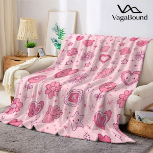 BILIBILI | Pink Cute Doodle Hearts Stars Flannel Blanket Warm Soft Halloween Christmas Decorative Couch Warm Cozy All-Season Gift