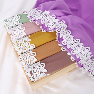 Jifang Fashion Women Plain Bubble Chiffon White Floral Lace Patchwork Muslim Hijabs Shawls Pashmina WJ936