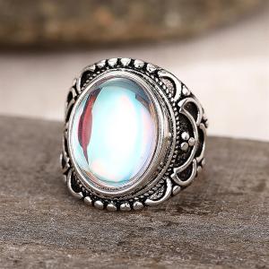 Huitan Gorgeous Vintage Women Imitation Moonstone Ring for Party Engagement Fancy Metal Accessories Fashion Versatile Jewelry