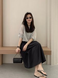 VKSOD | Korean Style Grey Thin Long Sleeve Sun Protection T-Shirt Womens Summer Fashion Black Mini Skirt Two-Piece Set Round Neckline