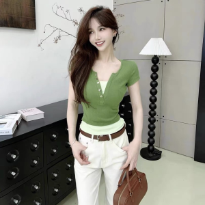 Kaka Womens Store Vitality Color Block Button V-neck Fake Two-Piece T-shirt Short Sleeve Womens Top Cotton Blend Summer