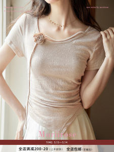 Moriirose Womens Slim Fit T-Shirt Summer French Vintage Design Irregular Hem Short Sleeve round Neck Polyester Cotton Blend