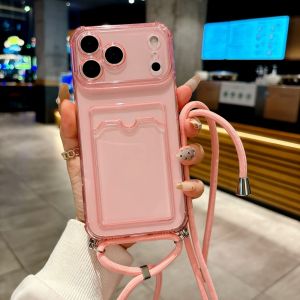 Transparent Slot Card Holder Lanyard Soft Case For iPhone 17 Air 16 14 15 13 12 11 Pro Max Plus XS XR Necklace Strap Soft Cover