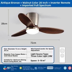 HD | Wooden Retro Small Size Silent Ceiling Fan Light