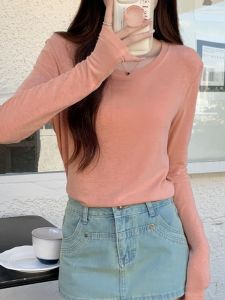 2025 New Womens Long Sleeve round Neck Thin Base Shirt Korean Style Lazy Fashion Commute Slim Fit Classic Pattern Polyester Fiber