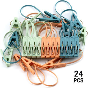 Clothespins 24 Pack Small Mini Clothes Pins with Plastic Rope for Clothesline Cute Sturdy Clothing Closepins Blue Green Chip De